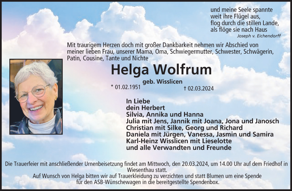  Traueranzeige für Helga Wolfrum vom 09.03.2024 aus Nordbayerische Nachrichten Forchheim Lokal