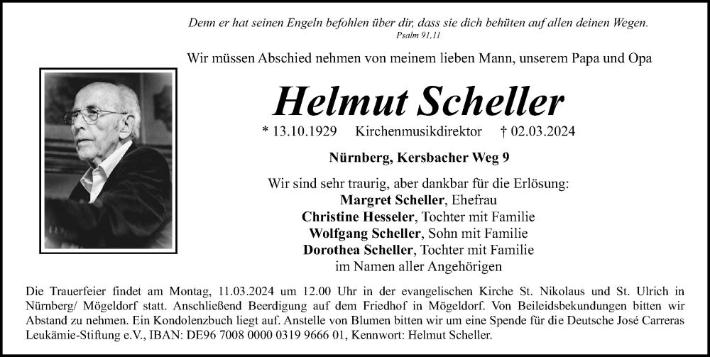  Traueranzeige für Helmut Scheller vom 09.03.2024 aus Gesamtausgabe Nürnberger Nachrichten/ Nürnberger Ztg.
