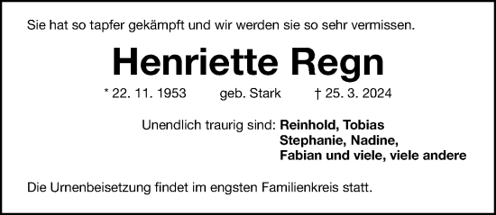 Traueranzeige von Henriette Regn von Gesamtausgabe Nürnberger Nachrichten/ Nürnberger Ztg.