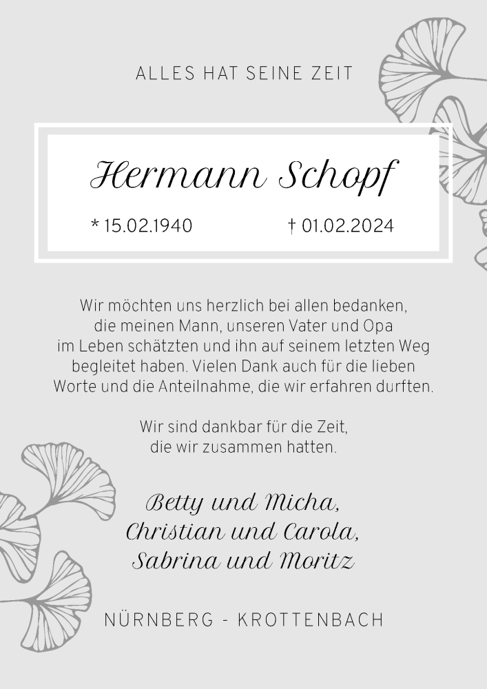  Traueranzeige für Hermann Schopf vom 02.03.2024 aus Gesamtausgabe Nürnberger Nachrichten/ Nürnberger Ztg.