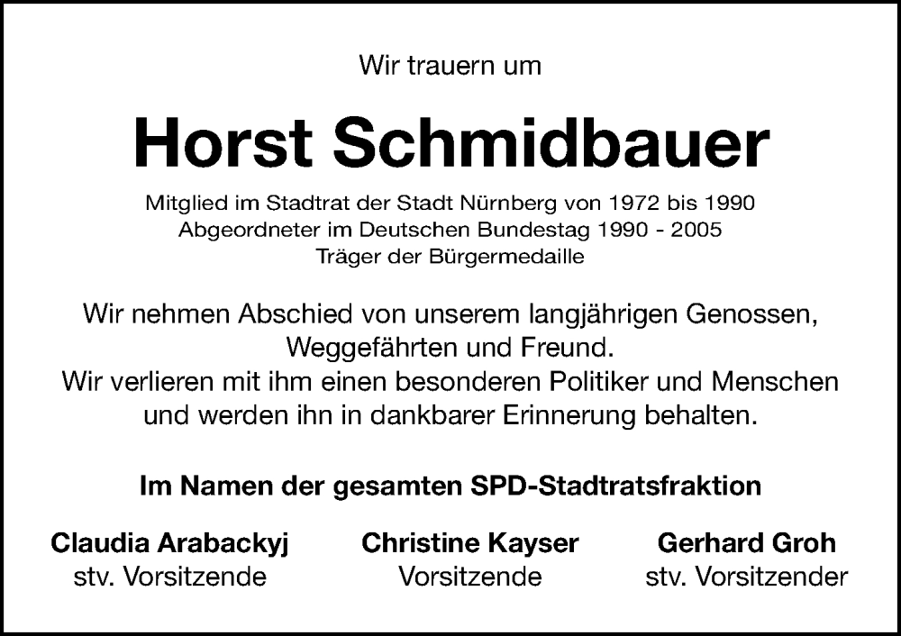  Traueranzeige für Horst Schmidbauer vom 02.03.2024 aus Gesamtausgabe Nürnberger Nachrichten/ Nürnberger Ztg.