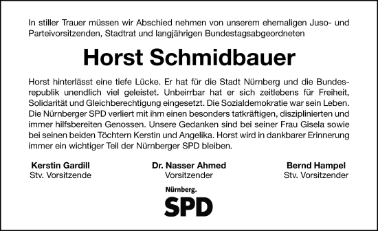 Traueranzeige von Horst Schmidbauer von Gesamtausgabe Nürnberger Nachrichten/ Nürnberger Ztg.