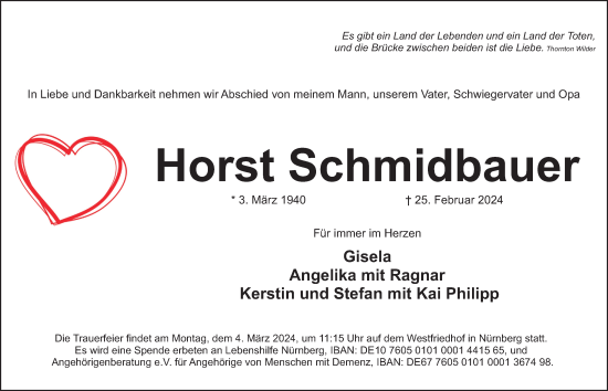 Traueranzeige von Horst Schmidbauer von Gesamtausgabe Nürnberger Nachrichten/ Nürnberger Ztg.