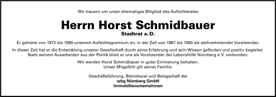 Traueranzeige von Horst Schmidbauer von Gesamtausgabe Nürnberger Nachrichten/ Nürnberger Ztg.