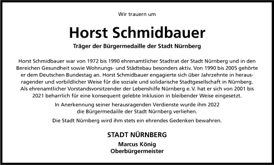 Traueranzeige von Horst Schmidbauer von Gesamtausgabe Nürnberger Nachrichten/ Nürnberger Ztg.