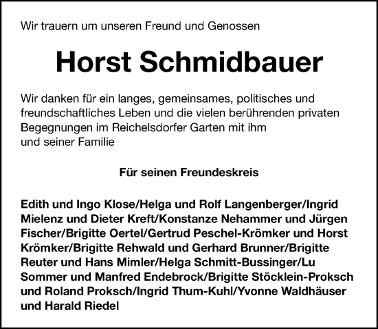 Traueranzeige von Horst Schmidbauer von Gesamtausgabe Nürnberger Nachrichten/ Nürnberger Ztg.