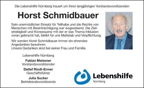 Traueranzeige von Horst Schmidbauer von Gesamtausgabe Nürnberger Nachrichten/ Nürnberger Ztg.