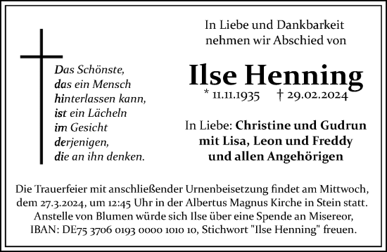Traueranzeige von Ilse Henning von Gesamtausgabe Nürnberger Nachrichten/ Nürnberger Ztg.