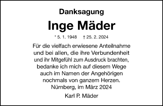 Traueranzeige von Inge Mäder von Gesamtausgabe Nürnberger Nachrichten/ Nürnberger Ztg.