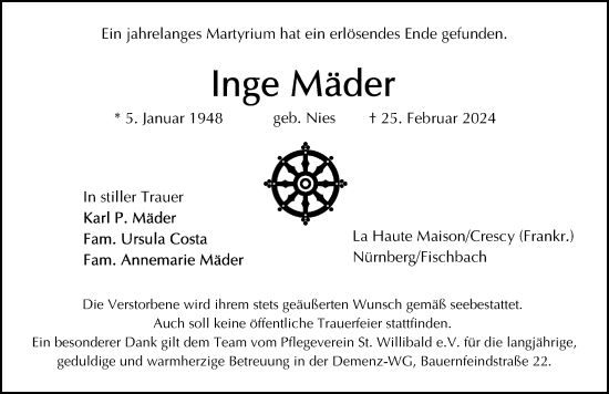 Traueranzeige von Inge Mäder von Gesamtausgabe Nürnberger Nachrichten/ Nürnberger Ztg.