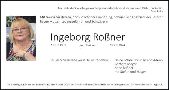 Traueranzeige von Ingeborg Roßner von Gesamtausgabe Nürnberger Nachrichten/ Nürnberger Ztg./ Erlanger Nachrichten