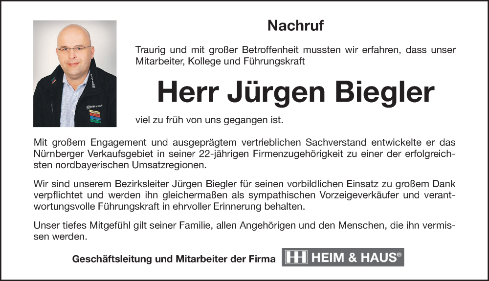  Traueranzeige für Jürgen Biegler vom 02.03.2024 aus Schwabacher Tagblatt Lokal