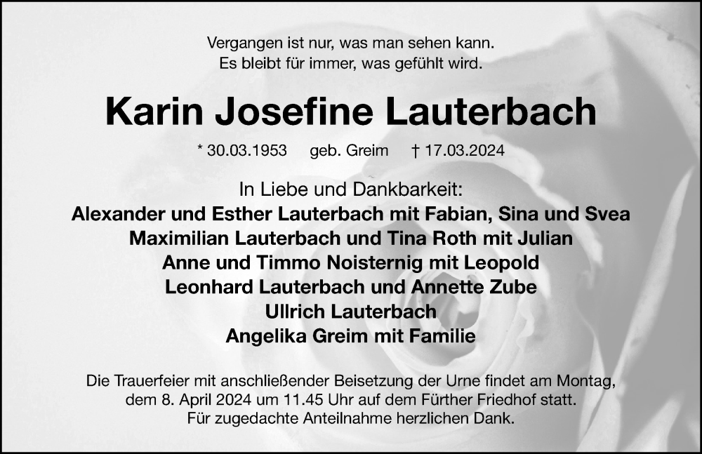  Traueranzeige für Karin Josefine Lauterbach vom 30.03.2024 aus Gesamtausgabe Nürnberger Nachrichten/ Nürnberger Ztg.