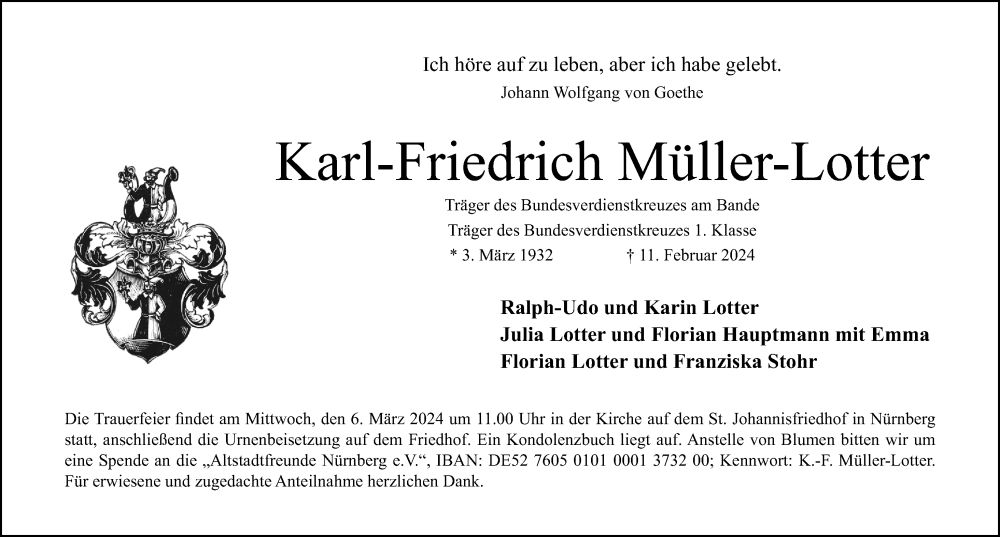  Traueranzeige für Karl-Friedrich Müller-Lotter vom 04.03.2024 aus Gesamtausgabe Nürnberger Nachrichten/ Nürnberger Ztg.