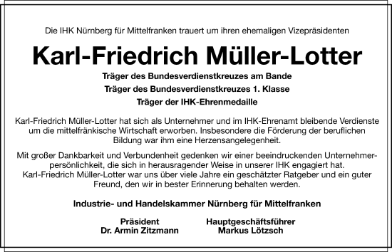 Traueranzeige von Karl-Friedrich Müller-Lotter von Gesamtausgabe Nürnberger Nachrichten/ Nürnberger Ztg.