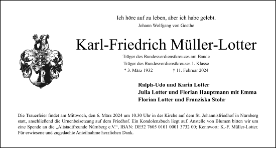 Traueranzeige von Karl-Friedrich Müller-Lotter von Gesamtausgabe Nürnberger Nachrichten/ Nürnberger Ztg.