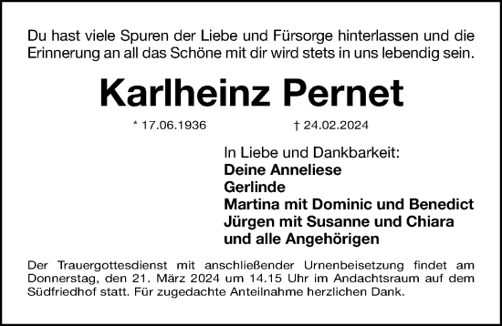 Traueranzeige von Karlheinz Pernet von Gesamtausgabe Nürnberger Nachrichten/ Nürnberger Ztg.