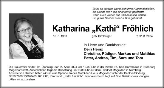 Traueranzeige von Katharina Fröhlich von Gesamtausgabe Nürnberger Nachrichten/ Nürnberger Ztg.