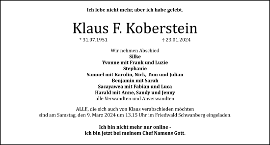 Traueranzeige von Klaus F. Koberstein von Erlanger Nachrichten Lokal