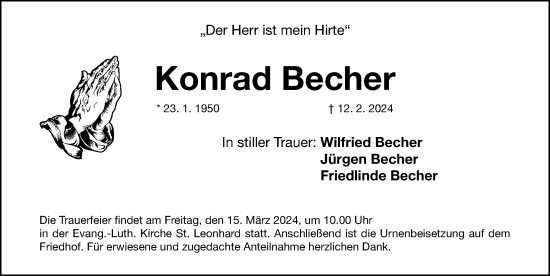 Traueranzeige von Konrad Becher von Gesamtausgabe Nürnberger Nachrichten/ Nürnberger Ztg.