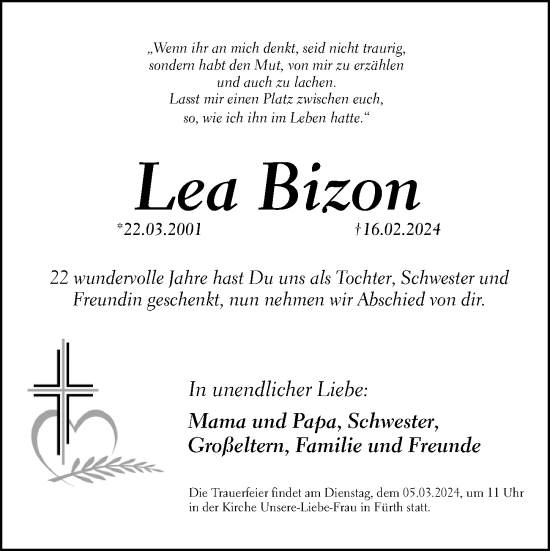 Traueranzeige von Lea Bizon von Fürther Nachrichten Lokal
