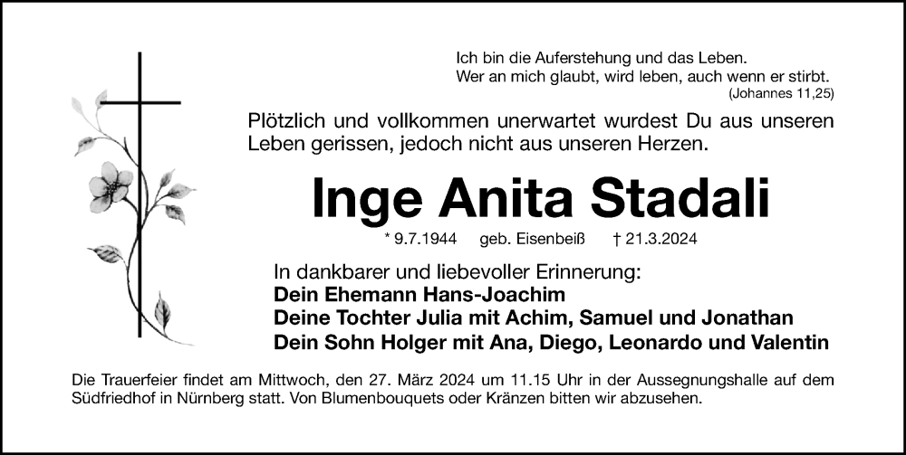  Traueranzeige für Inge Anita Stadali vom 23.03.2024 aus Gesamtausgabe Nürnberger Nachrichten/ Nürnberger Ztg.