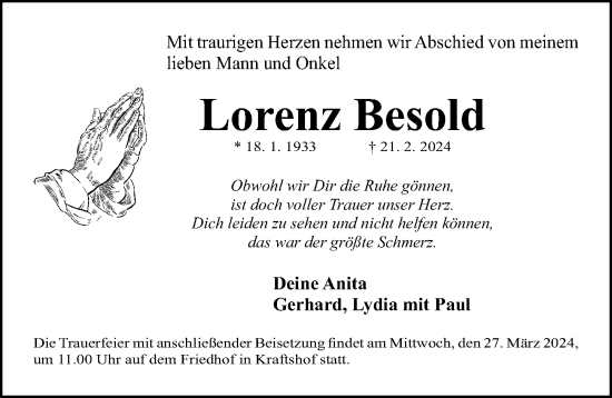 Traueranzeige von Lorenz Besold von Gesamtausgabe Nürnberger Nachrichten/ Nürnberger Ztg.