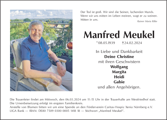 Traueranzeige von Manfred Meukel von Gesamtausgabe Nürnberger Nachrichten/ Nürnberger Ztg.