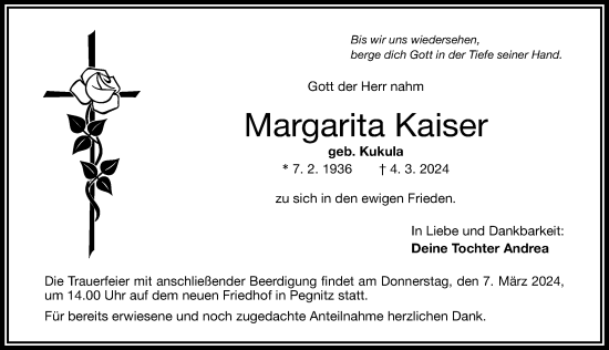 Traueranzeige von Margarita Kaiser von Nordbayerische Nachrichten Pegnitz Lokal