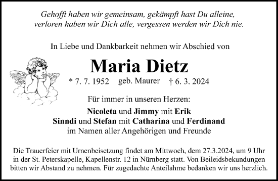 Traueranzeige von Maria Dietz von Gesamtausgabe Nürnberger Nachrichten/ Nürnberger Ztg.
