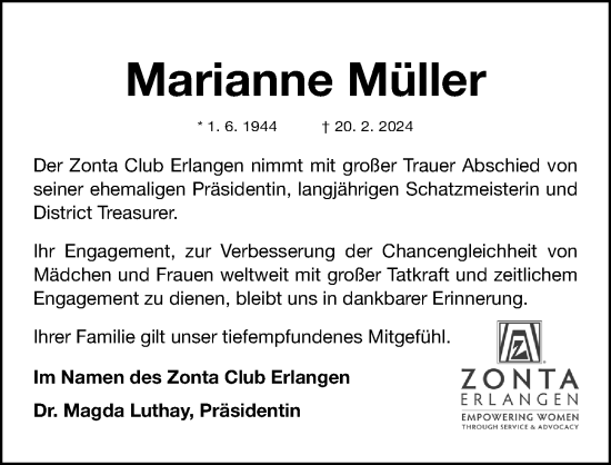 Traueranzeige von Marianne Müller von Erlanger Nachrichten Lokal