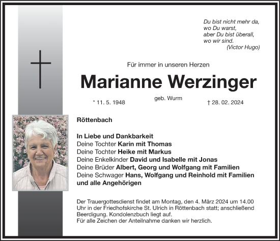 Traueranzeige von Marianne Werzinger von Roth-Hilpoltsteiner Volkszeitung Lokal