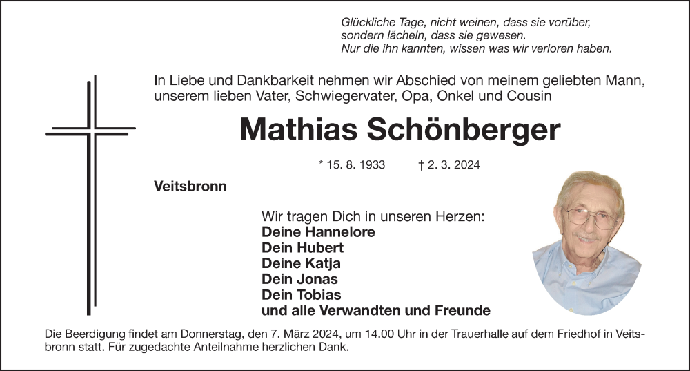  Traueranzeige für Mathias Schönberger vom 05.03.2024 aus Fürther Nachrichten Lokal