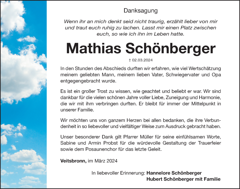  Traueranzeige für Mathias Schönberger vom 16.03.2024 aus Fürther Nachrichten Lokal