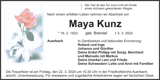 Traueranzeige von Maya Kunz von Nordbayerische Nachrichten Pegnitz Lokal