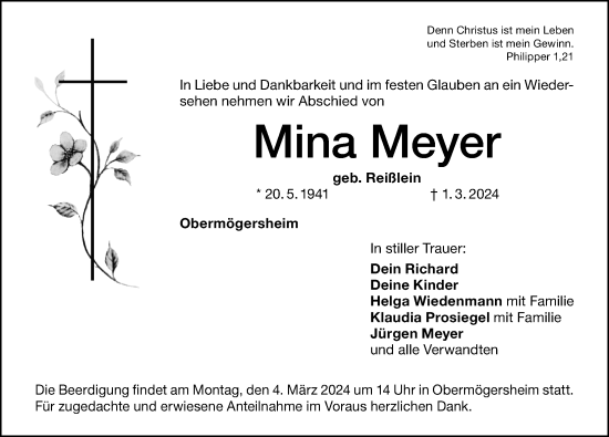 Traueranzeige von Mina Meyer von Altmühl-Bote Lokal