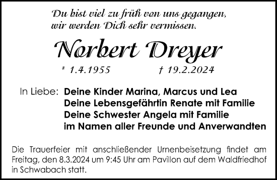 Traueranzeige von Norbert Dreyer von Schwabacher Tagblatt Lokal