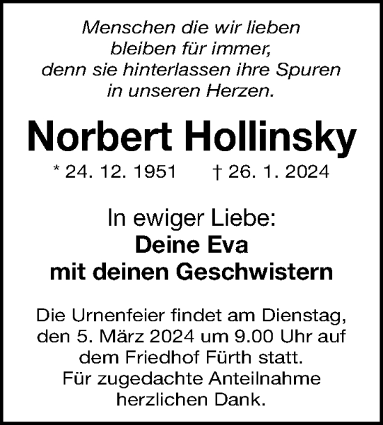 Traueranzeige von Norbert Hollinsky von Gesamtausgabe Nürnberger Nachrichten/ Nürnberger Ztg.