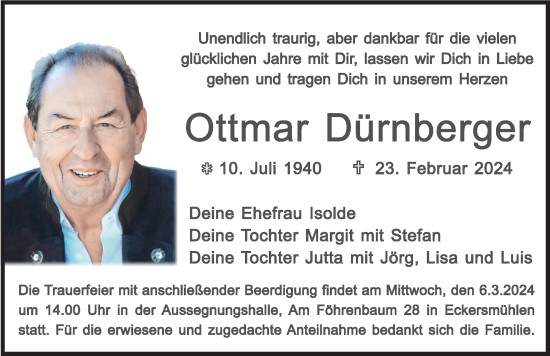 Traueranzeige von Ottmar Dürnberger von Roth-Hilpoltsteiner Volkszeitung Lokal