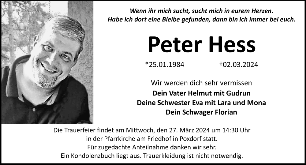  Traueranzeige für Peter Hess vom 23.03.2024 aus Erlanger Nachrichten Lokal