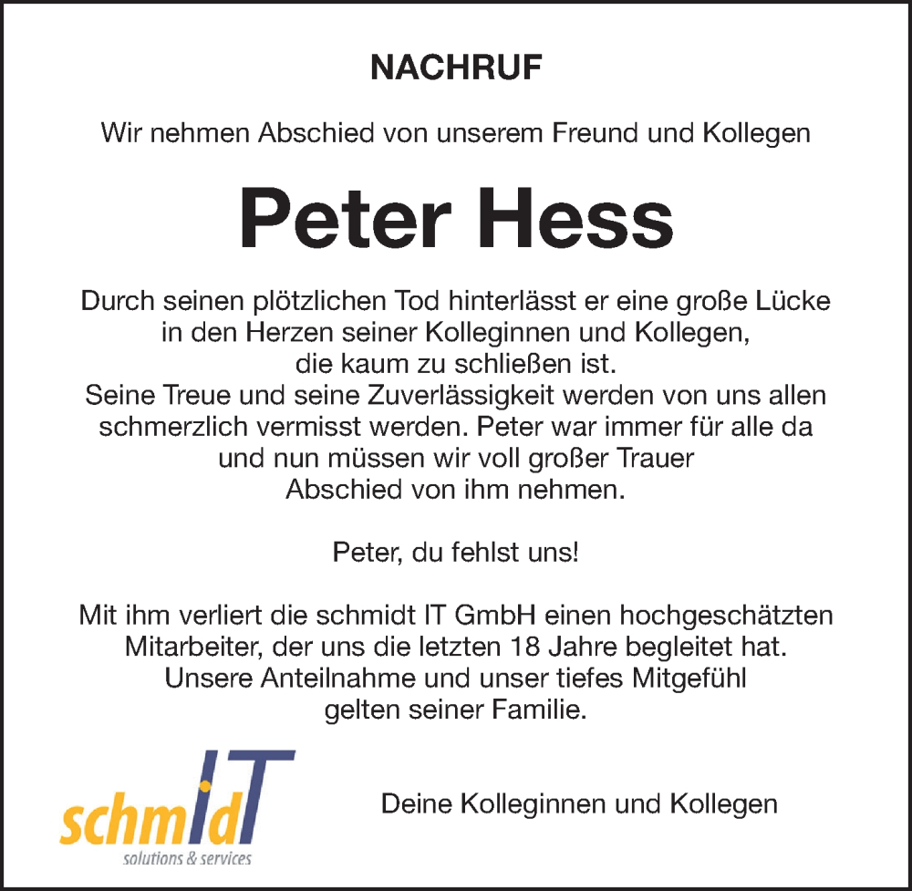  Traueranzeige für Peter Hess vom 27.03.2024 aus Erlanger Nachrichten Lokal
