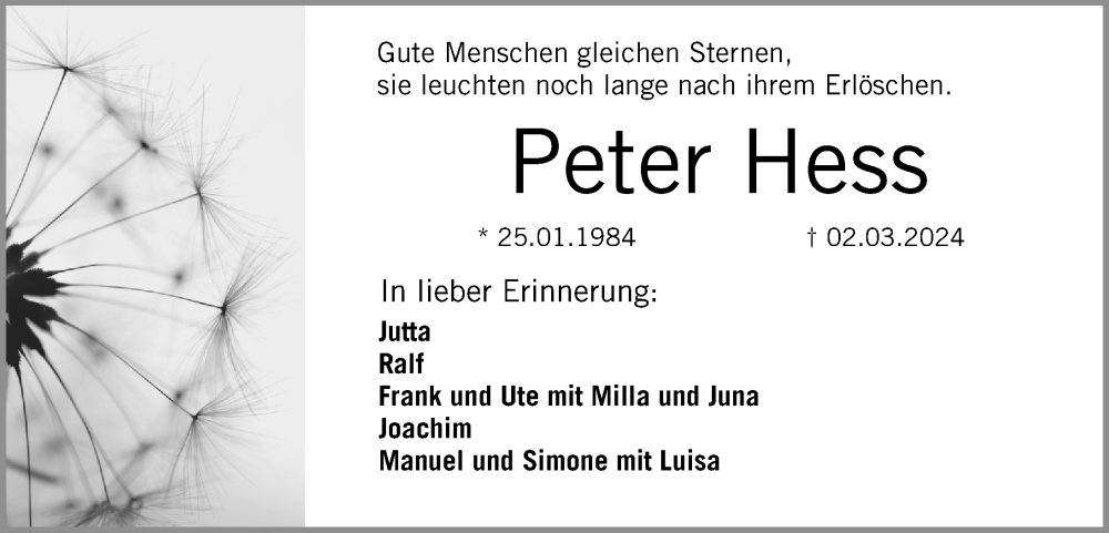  Traueranzeige für Peter Hess vom 23.03.2024 aus Erlanger Nachrichten Lokal