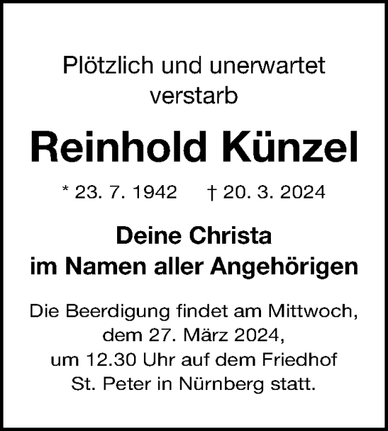 Traueranzeige von Reinhold Künzel von Gesamtausgabe Nürnberger Nachrichten/ Nürnberger Ztg.