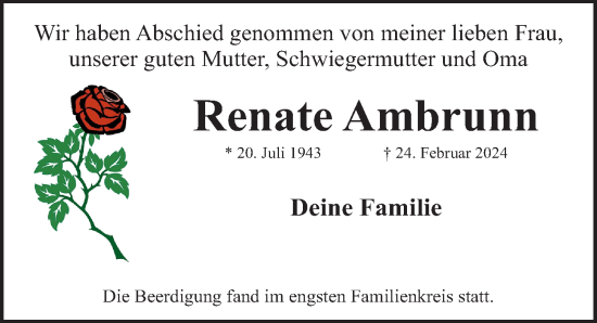 Traueranzeige von Renate Ambrunn von Gesamtausgabe Nürnberger Nachrichten/ Nürnberger Ztg.