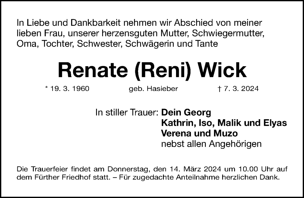  Traueranzeige für Renate Wick vom 11.03.2024 aus Fürther Nachrichten Lokal