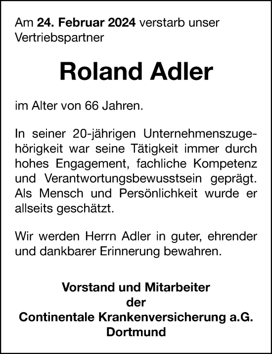 Traueranzeige von Roland Adler von Gesamtausgabe Nürnberger Nachrichten/ Nürnberger Ztg.