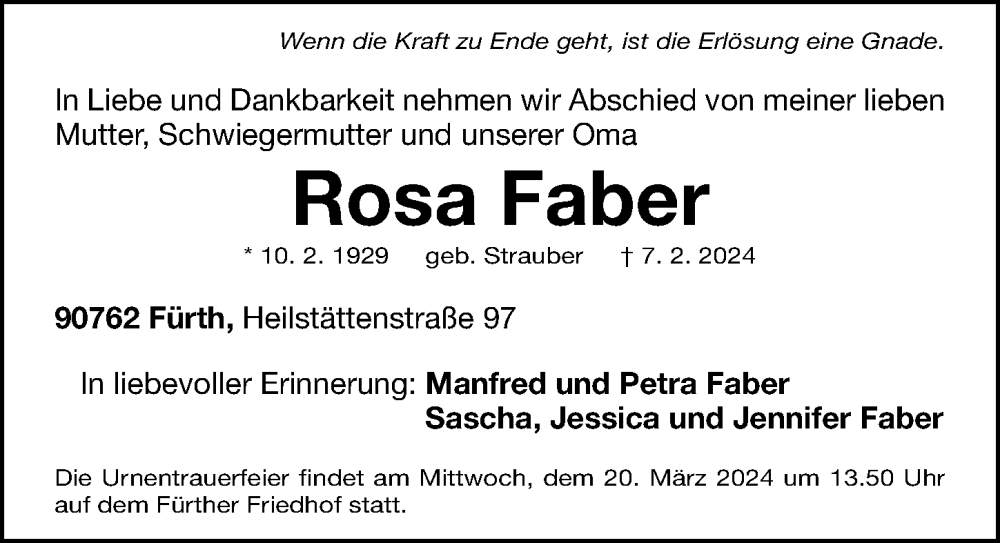  Traueranzeige für Rosa Faber vom 16.03.2024 aus Fürther Nachrichten Lokal