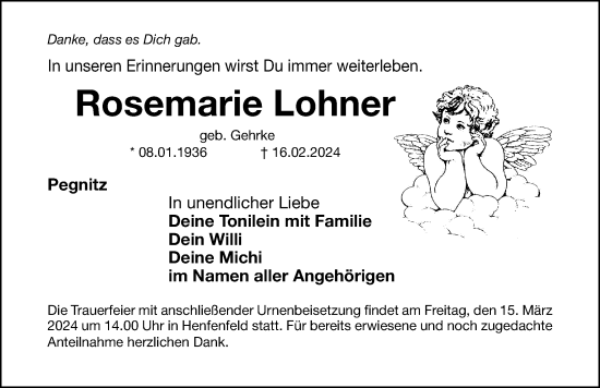 Traueranzeige von Rosemarie Lohner von HPE,HHZ