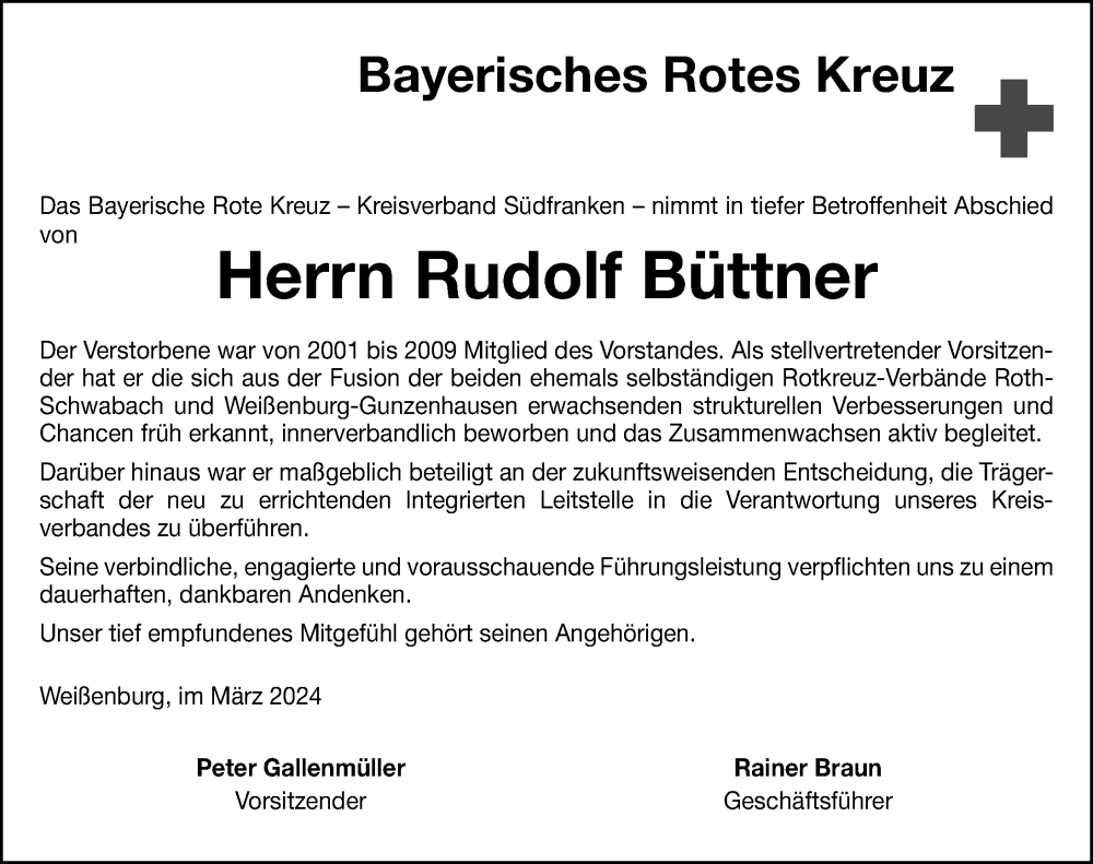  Traueranzeige für Rudolf Büttner vom 16.03.2024 aus Schwabacher Tagblatt Lokal