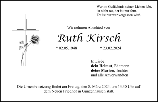 Traueranzeige von Ruth Kirsch von Altmühl-Bote Lokal